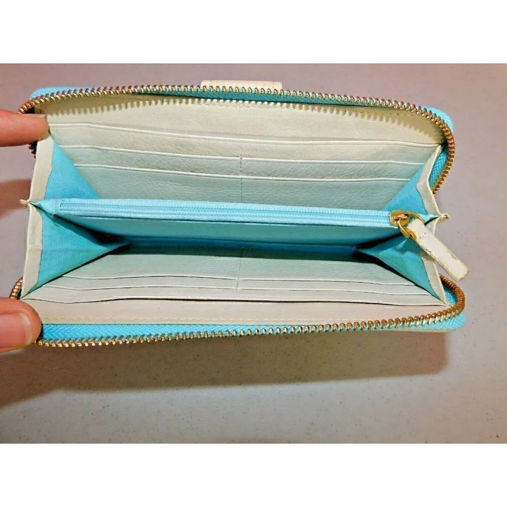 GORJANA BEIGE AND LIGHT BLUE LEATHER ZIP AROUND WALLET WITH CHECK BOOK SECTION